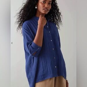 J. Jill | Pure Jill Cotton Gauze Relaxed Button Top Blouse Tunic Blue Sea